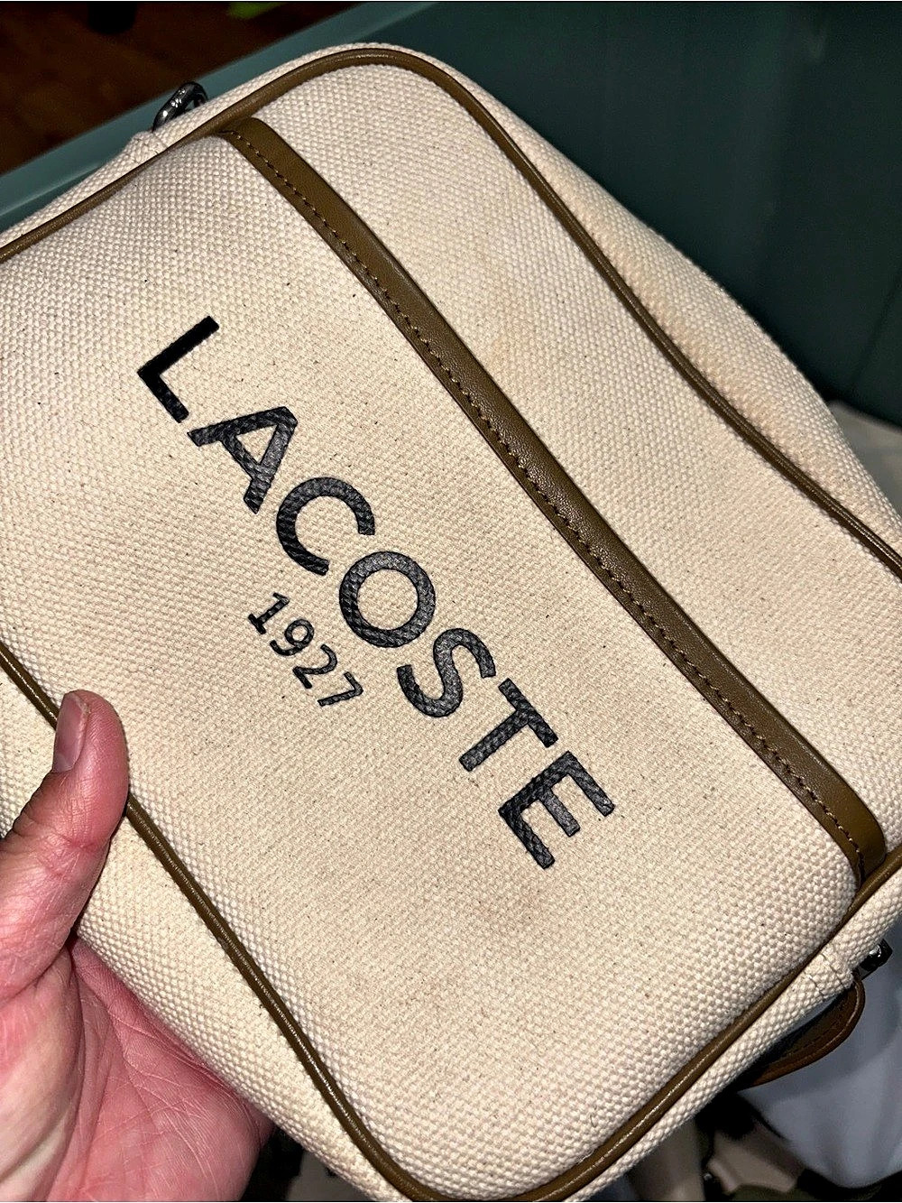 Lacoste 1927 Print Logo Rectangular Canvas Bag Crossbody Bag Beige & Brown
